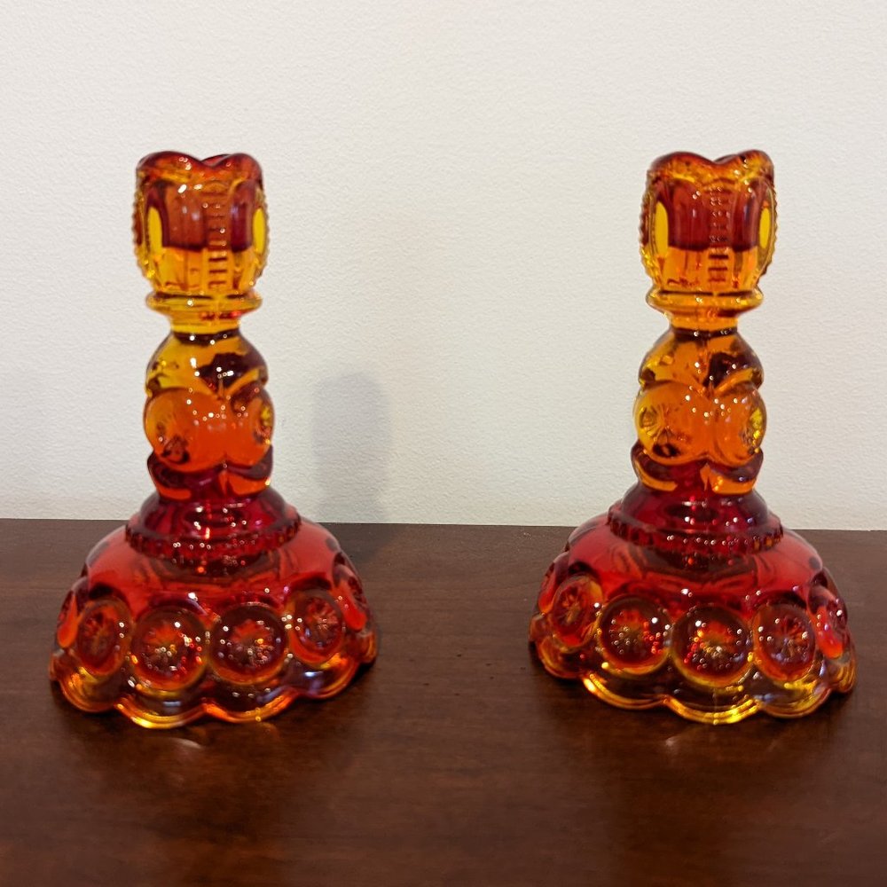 Vintage L.E. Smith Moon & Stars Pattern Amberina Candlesticks